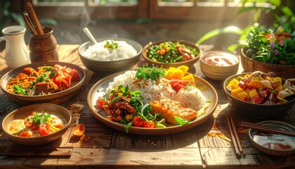 Obraz premium Delicious and healthy Asian-inspired meal spread featuring grilled salmon, rice, fresh vegetables, soup, and other vibrant dishes on a rustic wooden table.