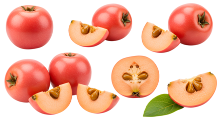 Fresh whole and sliced ripe sapodilla fruits with green leaf isolated on white background, healthy tropical fruit close-up, perfect for nutrition blogs and recipes