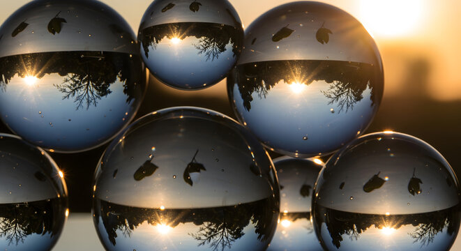 Floating glass spheres inverting a warm sunset landscape