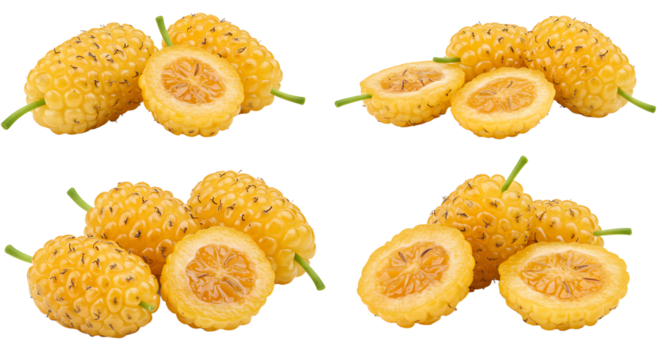 Fresh yellow noni fruits whole and sliced isolated on white background, tropical superfood and herbal medicine ingredient, perfect for health and wellness content