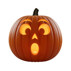 A carved halloween pumpkin with a surprised expression illuminated from within isolated on transparent background