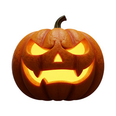Spooky carved halloween pumpkin with glowing orange light and a sinister face isolated on transparent background