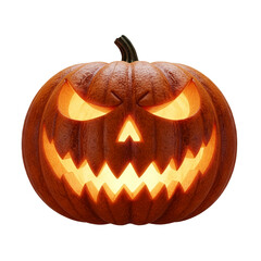 Spooky carved halloween pumpkin with glowing orange light and sharp teeth isolated on transparent background