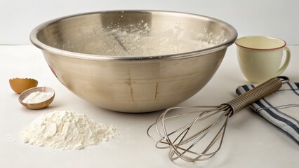 Metal mixing bowl with whisk and ingredients for baking preparation