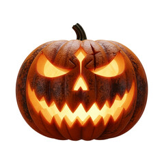 Scary jack o lantern carved pumpkin with glowing orange light isolated on transparent background