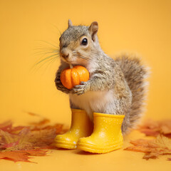 A cute little squirrel holding a pumpkin and wearing yellow rain boots, ready for autumn days. Minimal concept. Illustration.