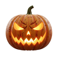 Spooky carved halloween pumpkin with glowing orange light and a menacing face isolated on transparent background