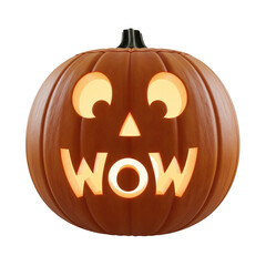Carved halloween pumpkin with a surprised expression and the word wow glowing brightly isolated on transparent background