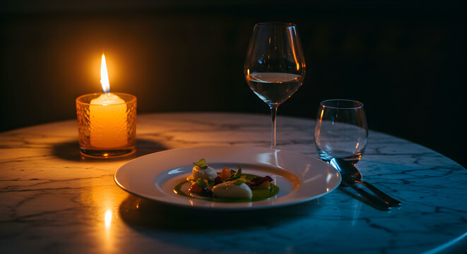 Romantic dinner with candles and wine in low light. Elegant table setup highlighting fine dining mood and cinematic restaurant atmosphere.