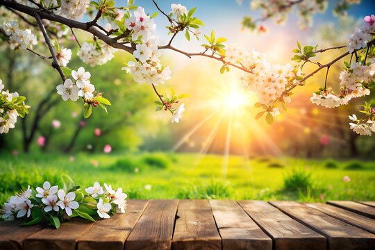 A beautiful spring scene with blooming cherry blossom branches over a wooden table and a sunlit green meadow with lens flare effect