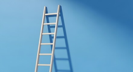 A wooden ladder casting a long shadow on a blue wall
