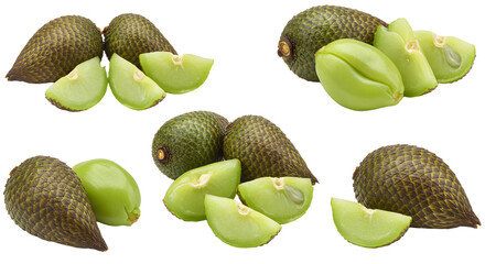 Fresh green snake fruit salak isolated on white background with sliced pieces showing texture and seeds, healthy tropical fruit perfect for cooking and snacks
