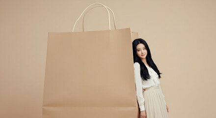 Smiling asian woman peeking from behind a giant shopping bag against a neutral backdrop for retail advertising and fashion promotions.