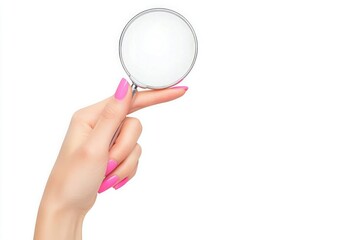 close-up of a woman's hand holding a magnifying glass with pink manicure on white background