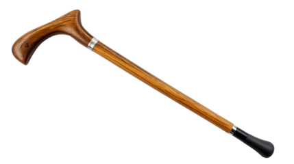 A wooden walking cane with a curved handle and silver accent rings on a black background isolated shot