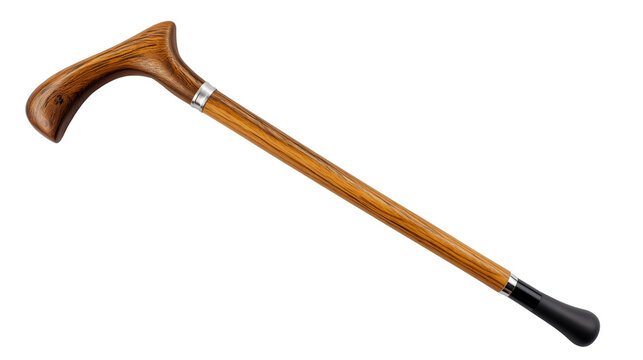 A wooden walking cane with a curved handle and silver accent rings on a black background isolated shot