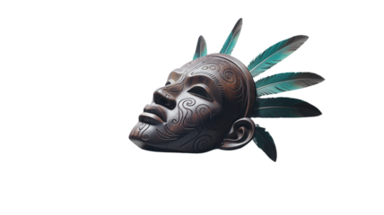 Ancient aztec warrior mask with feather headdress on black background