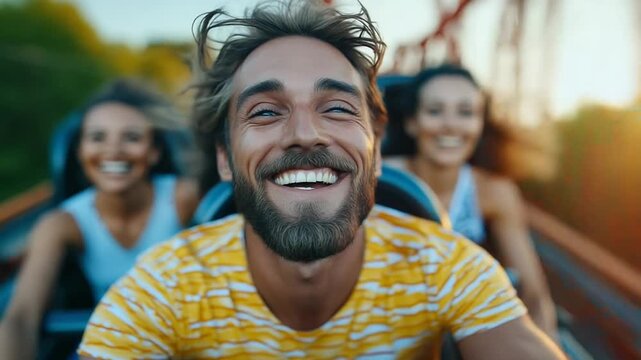 Happy friends enjoying a thrilling roller coaster ride at sunset.