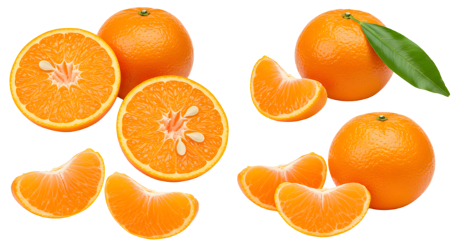Fresh ripe tangerines with their segments and leaves isolated on white background, perfect for healthy eating and food products