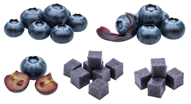 Fresh blueberries with sliced, peeled, and cubed blueberry pieces isolated on white background, perfect for food recipes and healthy eating