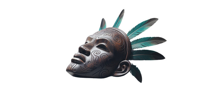 Ancient aztec warrior mask with feather headdress on black background