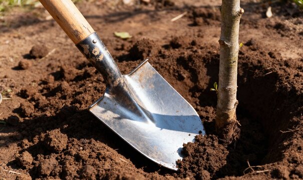 A silver shovel is pressing rich dark soil around the base of a small, newly planted sapling in a close-up shot.