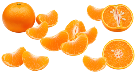 Fresh peeled mandarin orange citrus fruit segments and halves isolated on white background, healthy snack and vitamin C source