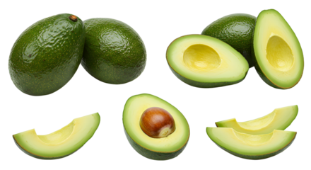 Fresh ripe avocados whole and halved with seed isolated on white background, healthy fruit perfect for cooking and salads