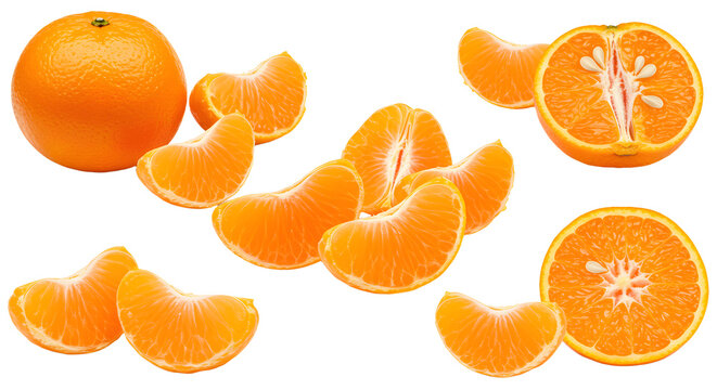 Fresh peeled mandarin orange citrus fruit segments and halves isolated on white background, healthy snack and vitamin C source