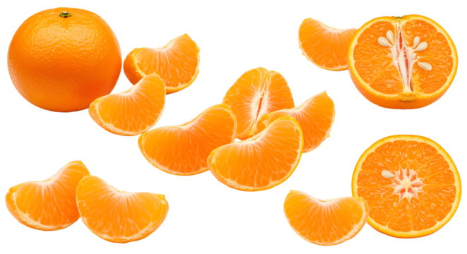 Fresh peeled mandarin orange citrus fruit segments and halves isolated on white background, healthy snack and vitamin C source