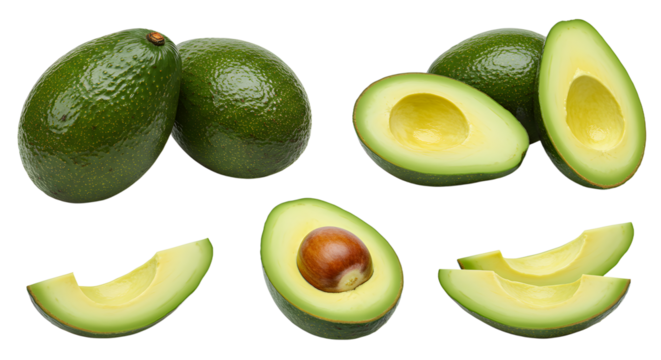 Fresh ripe avocados whole and halved with seed isolated on white background, healthy fruit perfect for cooking and salads - Powered by Adobe