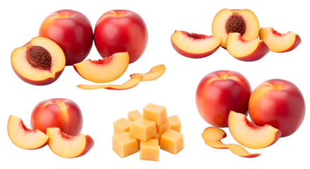 Fresh ripe peaches with slices and cubes isolated on white background, healthy summer fruit, perfect for recipes and desserts