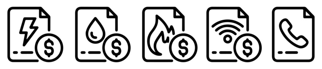 utility bill icon set for electricity water gas
