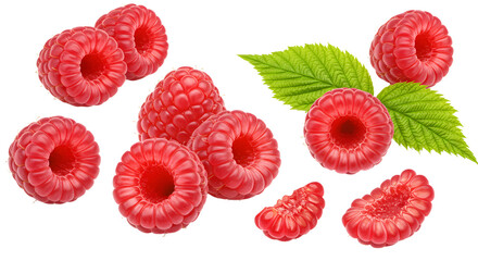 Fresh ripe red raspberries with green leaves isolated on white background, healthy fruit for smoothies and desserts