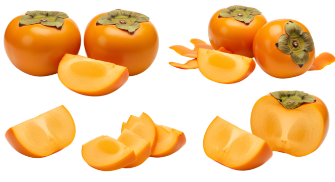 Fresh ripe persimmons whole and sliced isolated on white background, healthy orange fruit, perfect for autumn recipes and seasonal dishes