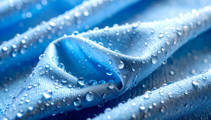 Water droplet on blue fabric: A close-up view of light blue fabric, delicately draped, adorned with glistening water droplets, creating a mesmerizing interplay of texture and light.