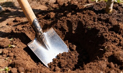 A close-up shot of a shovel digging into rich, dark soil with dirt flying up, emphasizing gardening and labor
