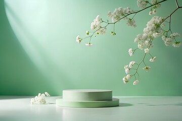 A minimalist scene with a light green podium and delicate white flowers on a pastel green background, featuring soft lighting and shadows, creating a serene and elegant aesthetic for product display