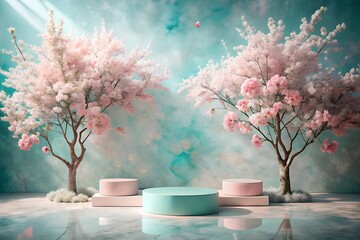 Enchanting scene with two blooming cherry blossom trees framing pastel pink and turquoise podiums against a dreamy, watercolorlike sky, evoking a magical and romantic atmosphere for product showcases