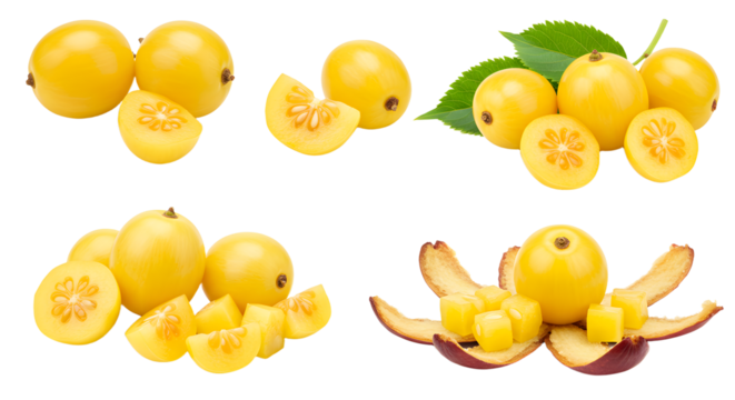Fresh yellow star apples with slices and cubes isolated on white background, tropical fruit perfect for healthy eating and culinary uses