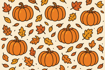 Whimsical hand drawn autumn pattern featuring orange pumpkins and falling leaves