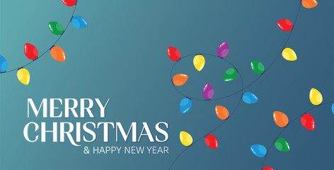 Merry Christmas banner, with traditional Christmas lights and, colorful string. Minimalist trendy banner with, Christmas