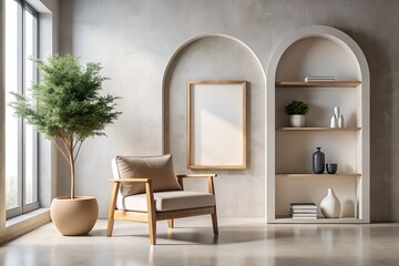 Modern minimalist living room with a comfortable armchair, a potted tree, and arched niches with shelves, bathed in natural light from a large window, creating a serene and stylish interior design