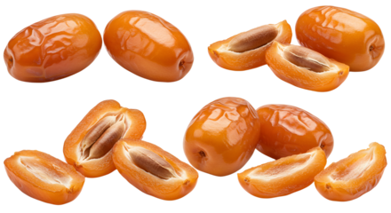 Close-up of fresh whole and halved dried dates isolated on white background, healthy snack perfect for diet and nutrition