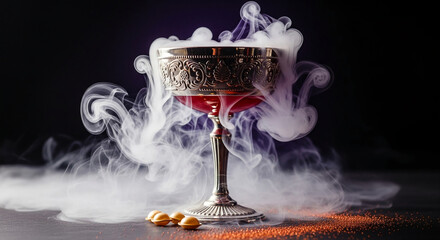 Elegant goblet with red liquid surrounded by white smoke. It represents sophistication and mystery, suitable for advertising or creative projects.