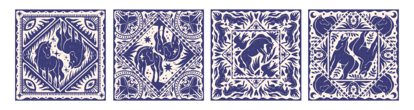Horse bandana print design, hand drawn western mystic square tile ornament, cowboy handkerchief set. Lunar horoscope animal sign, fashion ornamental graphic. Horse bandana magic retro fabric texture