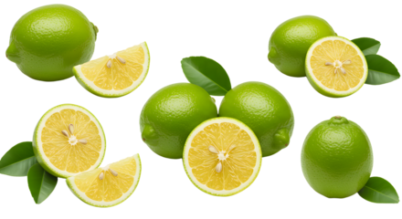 Fresh limes with leaves and sliced lime halves against white background, perfect for food and drink presentations