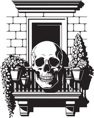 Skull on Balcony with Flowers Spooky Halloween Vector Illustration Gothic Architecture and Floral Elements for Graphic Design and Holiday Concepts