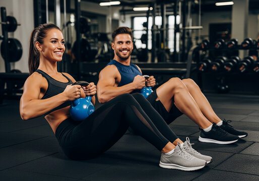 Partner Workout: Young couple smiling while doing Russian twists at the gym.