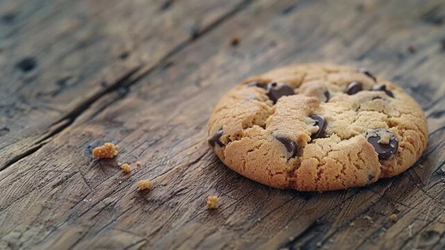 video Freshly baked cookie on rustic wood surface, perfect for snacking or serving with milk